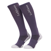Pair of purple knee-high socks with white accents on a white background